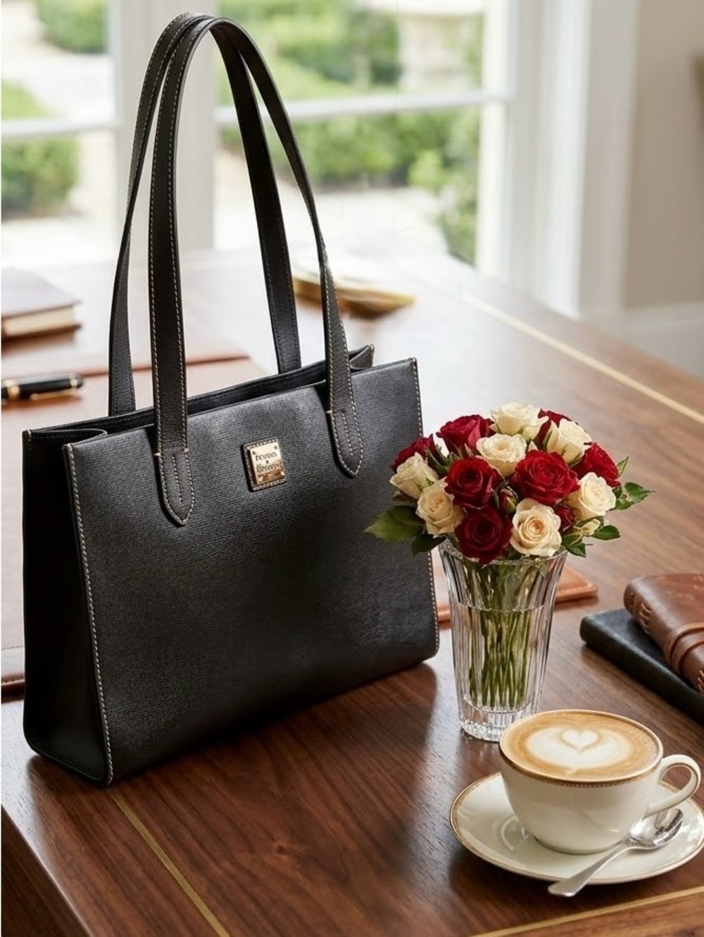 Dooney & Bourke Black Saffiano Leather Shopper Tote Bag | Gold Logo Badge